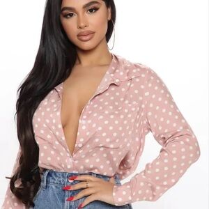 Fashion Nova Pink Polka Dot Button Down Shirt